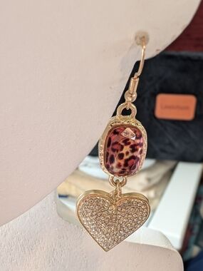 Gold Tone Crystal Heart Drop Earrings with Pink Leopard Stone